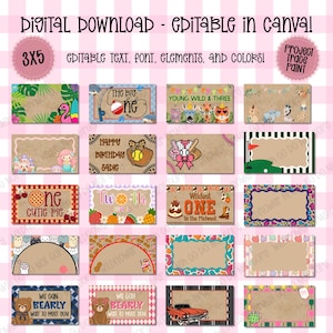 May include: A collection of twenty rectangular digital templates featuring various themes including animals, sports, and birthday motifs. Each template has editable text areas, kraft paper backgrounds, and colorful borders, designed for 3x5 inch printing.