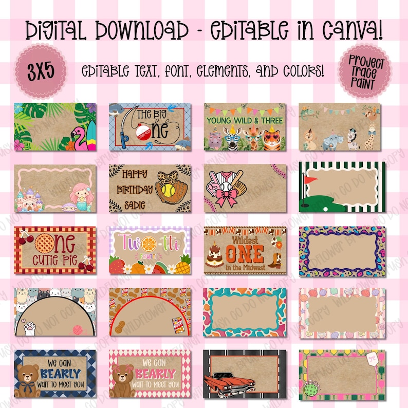 May include: A collection of twenty rectangular digital templates featuring various themes including animals, sports, and birthday motifs. Each template has editable text areas, kraft paper backgrounds, and colorful borders, designed for 3x5 inch printing.