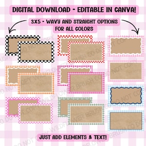 May include: A digital download set of 3x5 inch rectangular labels with wavy and straight edges. The labels feature a tan center with various colored checkered borders including black, red, orange, pink, and blue. Text reads: DIGITAL DOWNLOAD - EDITABLE IN CANVA! 3X5 - WAVY AND STRAIGHT OPTIONS FOR ALL COLORS JUST ADD ELEMENTS & TEXT!