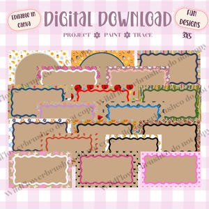 May include: A digital download collection of rectangular and circular frames with scalloped edges, featuring various patterns like ladybugs, butterflies, stars, and paw prints. The text reads Digital Download, Editable in Canva, and Fun Designs 3x5.