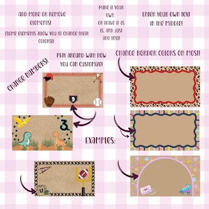May include: A digital design template featuring multiple rectangular frames with customizable themes including baseball, dinosaurs, football, leopard print, and retro patterns. The layout includes instructional text for editing elements, colors, and adding personal text.
