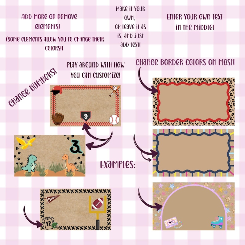 May include: A digital design template featuring multiple rectangular frames with customizable themes including baseball, dinosaurs, football, leopard print, and retro patterns. The layout includes instructional text for editing elements, colors, and adding personal text.
