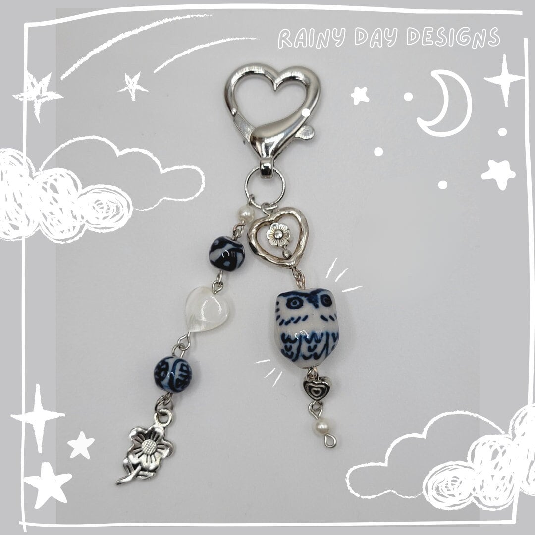Blue and White Porcelain Owl Keychain