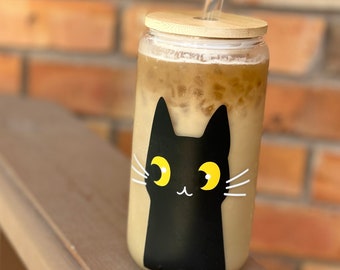 Black Cat Glass Tumbler Cup | Halloween Iced Coffee, 16oz