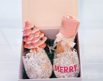 Christmas Gift Box | Ceramic Tree or Village, Wine Tumblers, Tea Towel
