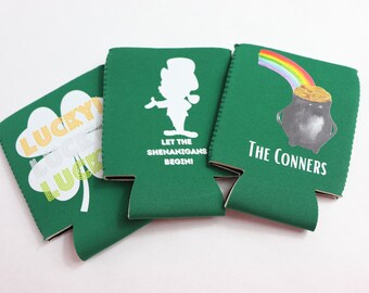 PERSONALIZED St. Patrick's Day Party Koozies with Lucky Pot of Gold and Rainbow | Custom Order Can Coolers