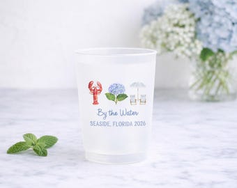 Beach House Coastal Cups Personalized | Lobster Hydrangea Beach Party Cups | Custom Frosted Cups for Vacation, Boat Day, Summer Hosting