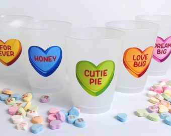 Valentine's Party Cups SET of 5 with Custom Candy Hearts Design | Valentine's Party Cups | Galentine's Party Decor