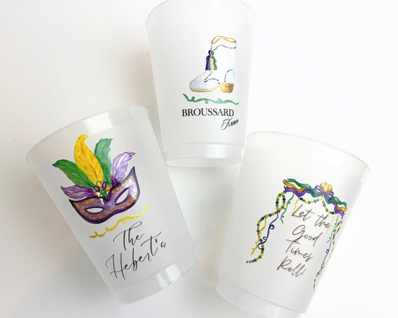 Mardi Gras Party Cups with Personalization and Mardi Gras Boot | Custom Party Cups | Mardi Gras Party Decor