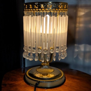 Vintage Brass Table Lamp – With Crystal Glass Drops and Art Deco Flair - 1970s - 1980s