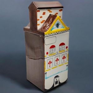Vintage  MNC Italy Ceramic Jar - House-Shaped Hand-Painted Design - 1960&#39;s