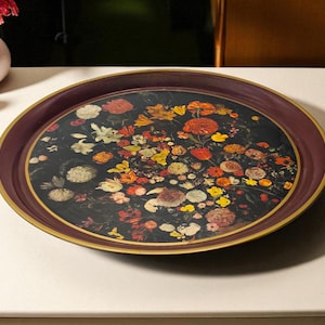 Vintage 1950s Decorative Floral Metal Tray - Hand-Painted Blooms on Deep Burgundy Ground
