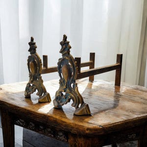 Vintage 1950s French Fireplace Andirons - Gilded Brass Front with Verdigris Patina
