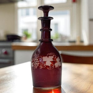 Vintage Bohemian Ruby Red Glass Decanter – Engraved Grapevine Motif - Late 19th Century