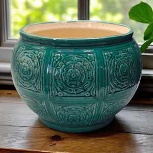 Vintage 1960s Green Ceramic Planter Pot - Ornamental Relief Motifs