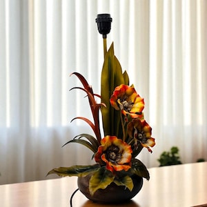 Vintage 1970s Floral Table Lamp - Handcrafted Metal Sculpture with Wooden Base