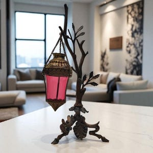 Vintage Bronze and Glass Hanging Lantern —Late 19th Century —Tree Form Stand with Pink Glass Shade