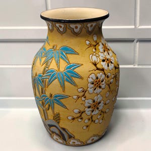 Vintage Vietnamese Ceramic Vase Bamboo & Blossom Decor Saigon Export