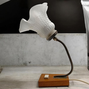 Vintage French Art Deco Table Lamp – Frosted Glass & Wood Base - 1970&#39;s