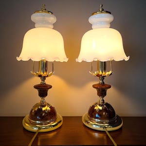 Vintage 1970s Pair of Decorative Table Lamps - White Opaline Glass Shades