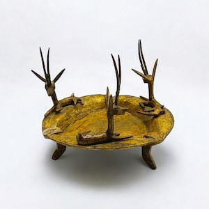 Mid-20th Century Gilded Metal Ashtray with Antelope Motifs – Vintage African Handcrafted Design