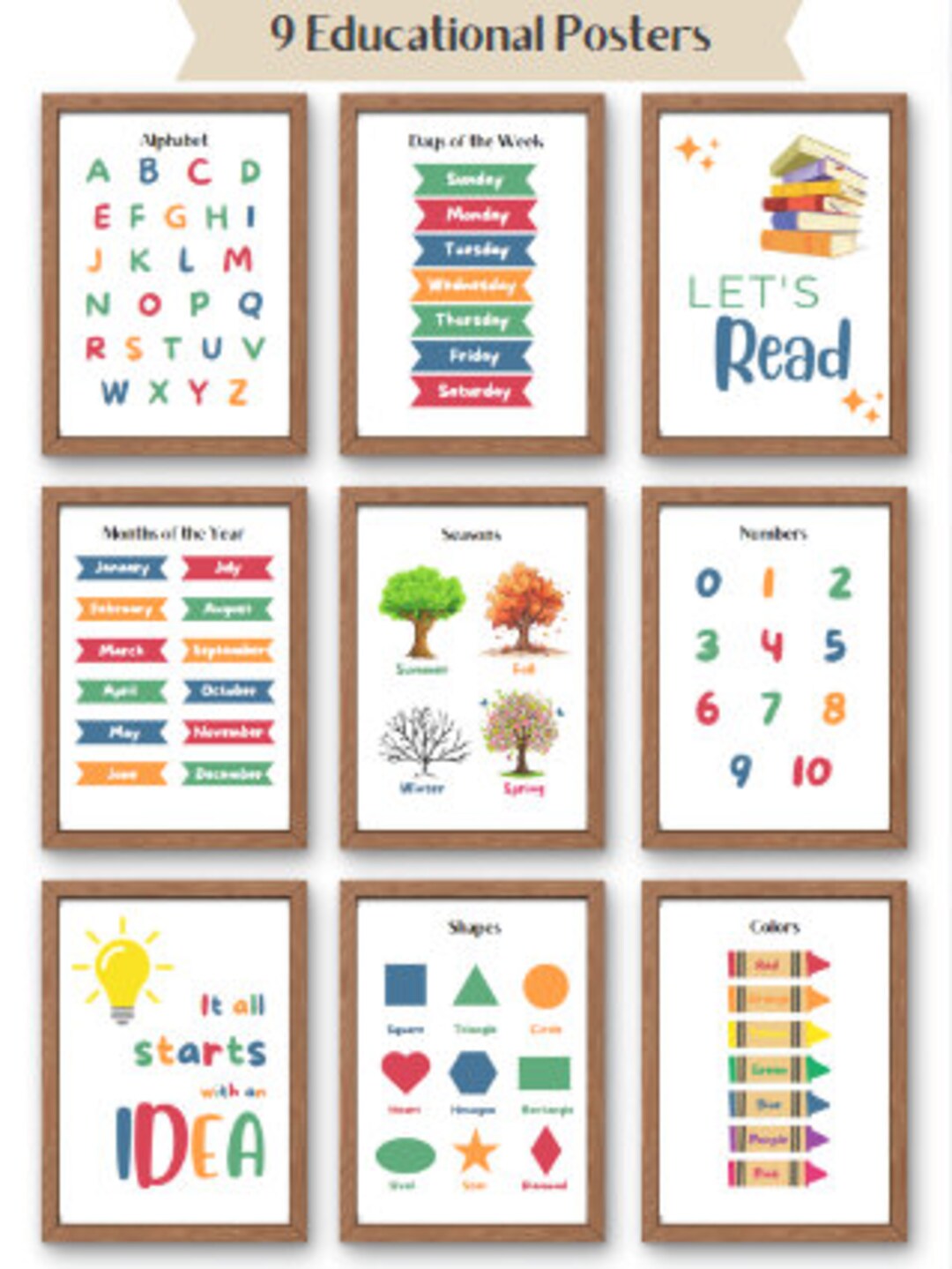 Set of 9 Educational Wall Art, Classroom Posters, Educational Posters