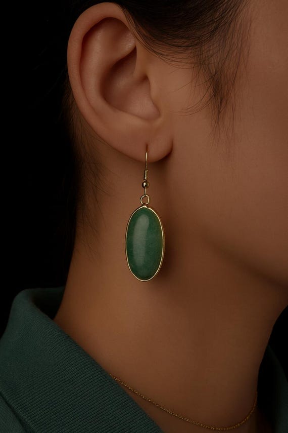 Green Aventurine Earrings: Gold Plated Gemstone, Stainless Steel