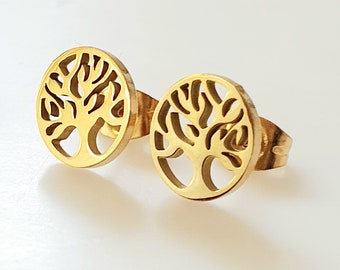 Brincos de pino em formato de Árvore da Vida banhados a ouro: aço inoxidável hipoalergênico