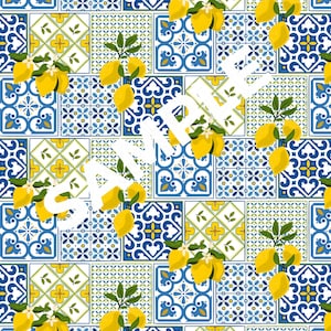 May include: A seamless pattern featuring square tiles with a blue, white, and yellow color scheme. The tiles have floral and geometric designs, with illustrations of lemons and leaves. The word "SAMPLE" is overlaid on the image.