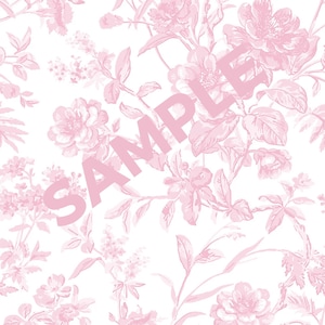 May include: A seamless pattern featuring a floral design in shades of pink on a white background. The pattern includes various flowers, leaves, and stems. The word "SAMPLE" is printed in pink across the image.