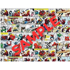 May include: A collage of comic book panels featuring Spider-Man in various action poses. The panels are in black and white with red, blue, and yellow accents. The text in the panels includes "WHAK!" and "SLAM!"