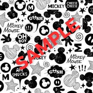 May include: Black and white seamless pattern featuring Mickey Mouse, stars, and various text phrases like "Mickey Mouse", "GOSH", "Oh Boy", and "Aw Shucks".
