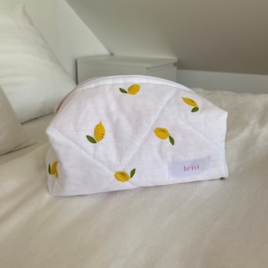 the makeup bag - beauty case - lemon print cotton fabric - pink gingham travel cosmetic bag - zipper pouch - limoncello