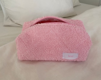 la trousse de maquillage - trousse de beauté - pochette zippée en tissu éponge rose - trousse cosmétique en coton rose - promesse rose