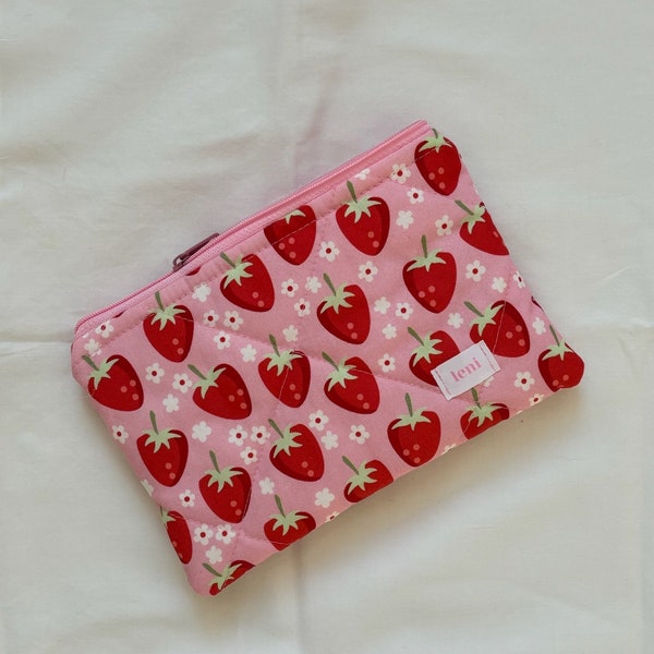 the pouch - makeup bag - pink strawberry fabric cosmetic bag - beauty case for handbags - pink gingham zipper pouch - sweet dreams