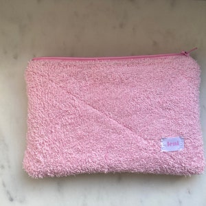 the pouch - makeup bag - pink terry fabric cosmetic bag - beauty case for handbags - pink gingham zipper pouch - pinky promise