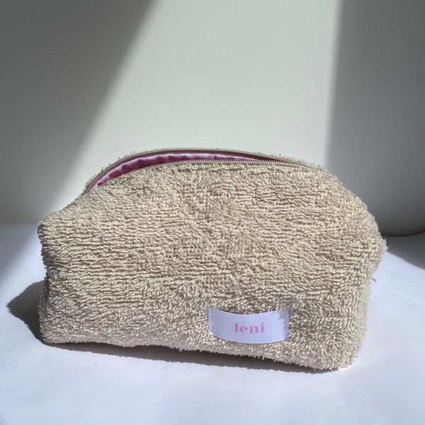 the makeup bag - beauty case - beige terry fabric zipper pouch - pink gingham cosmetic bag - vienna