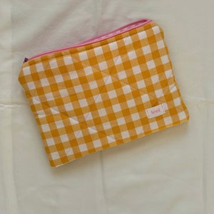 the pouch - makeup bag - yellow gingham print cotton fabric - beauty case for handbags - pink gingham zipper pouch - sunlight