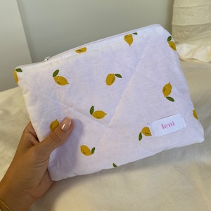 the pouch - makeup bag - yellow lemon and white fabric cosmetic bag - beauty case for handbags - pink gingham zipper pouch - limoncello
