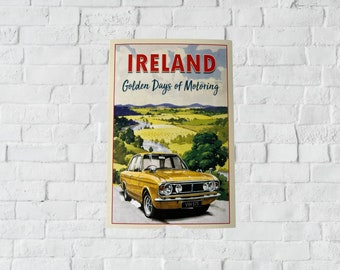 Ireland Golden Days of Motoring - Vintage Yellow Car & Scenic Countryside -4x6 Postcard - Nostalgic Irish Travel Souvenir-Classic Road Trips