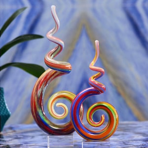 Hand Blown Abstract Rainbow Swirl Sommerso Art Glass Sculpture 9.5-12 inch Tall