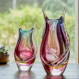 Hand Blown Sommerso Art Glass Teardrop Vase 8-10.5 inch tall