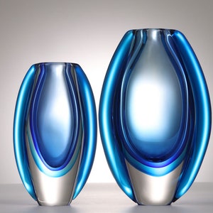 Hand Blown Sommerso Oval Art Glass Vase Blue 8.5-10 inch tall