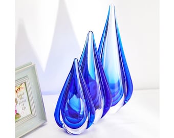 Hand Blown Blue Water Drop Sommerso Art Glass Sculpture 8.3-13 inch tall