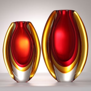 Hand Blown Sommerso Oval Art Glass Vase Red 8.5-10 inch tall image 1