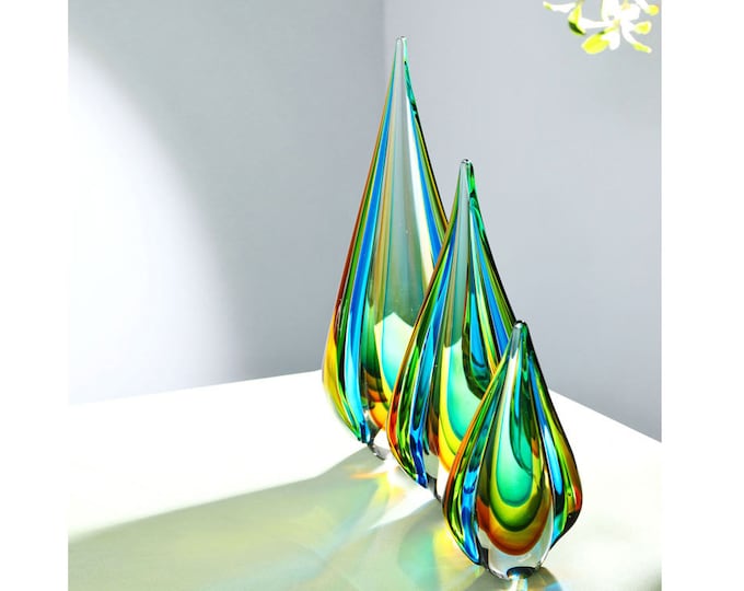 Hand Blown Teardrop Sommerso Art Glass Sculpture 10-18 inch tall