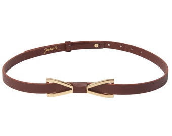 Women Skinny Brown Leather Metal Bow Belt