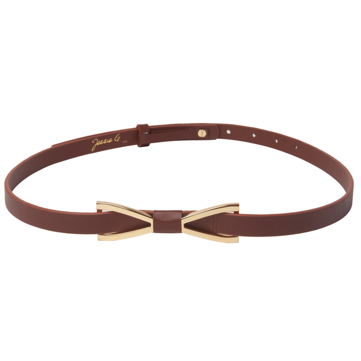 Women Skinny Brown Leather Metal Bow Belt