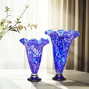 Hand Blown Cobalt Blue Confetti Art Glass Flower Vase 10-12 inch tall