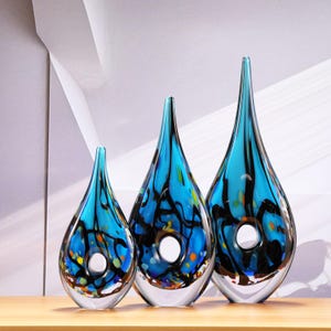 Hand Blown Abstract Hollow Blue Tear Drop Sommerso Art Glass Sculpture 8.5-14 inch tall
